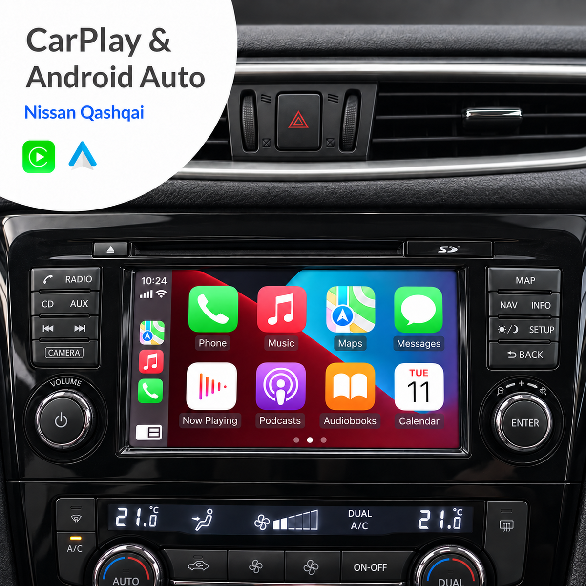 Gegenereerde productillustratie: CarPlay op het Nissan Qashqai SD-radiofront.