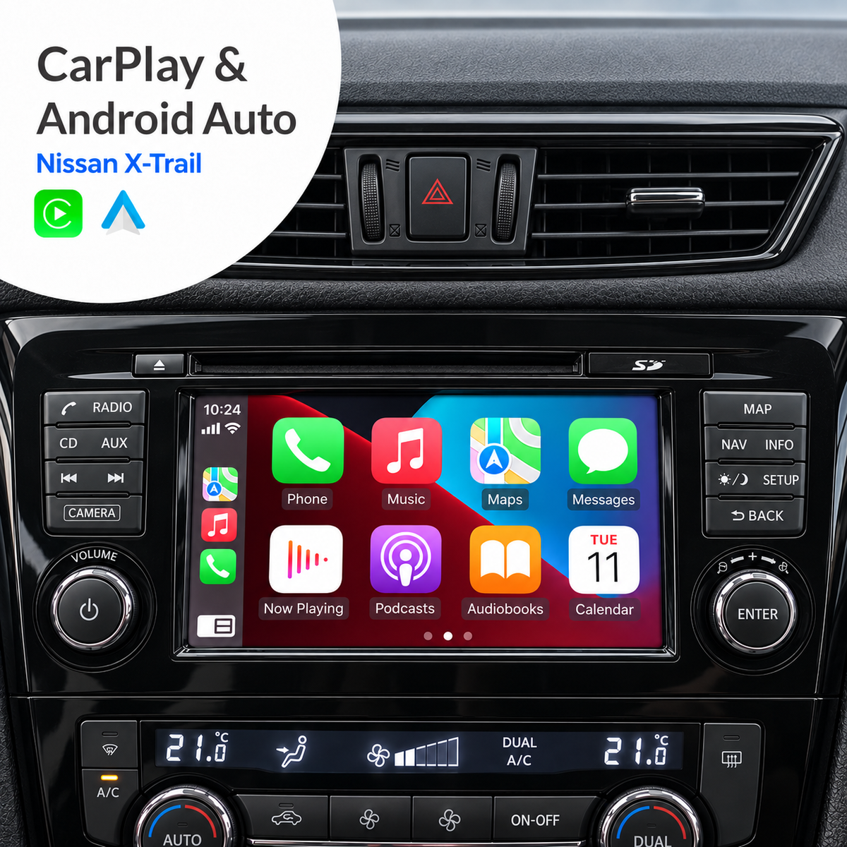 Gegenereerde productillustratie: CarPlay op het Nissan X-Trail SD-radiofront.