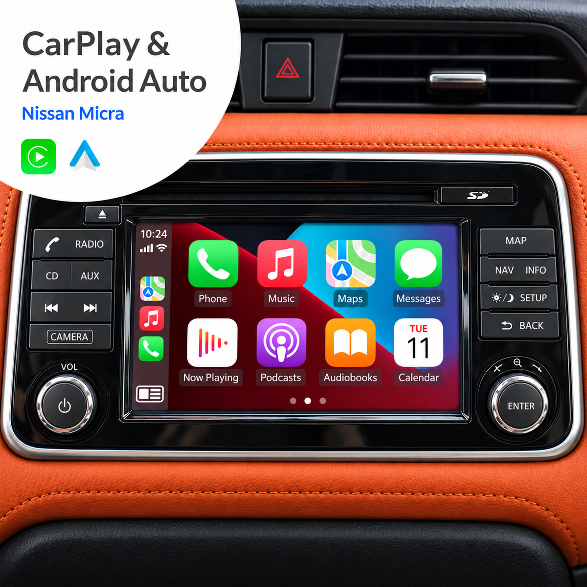 Gegenereerde productillustratie: CarPlay op het Nissan Micra SD-radiofront.